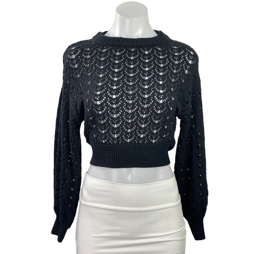 Balboa Women's Black Crochet Knit Sheer Long Sleeve Tie Back Crop Top Size M